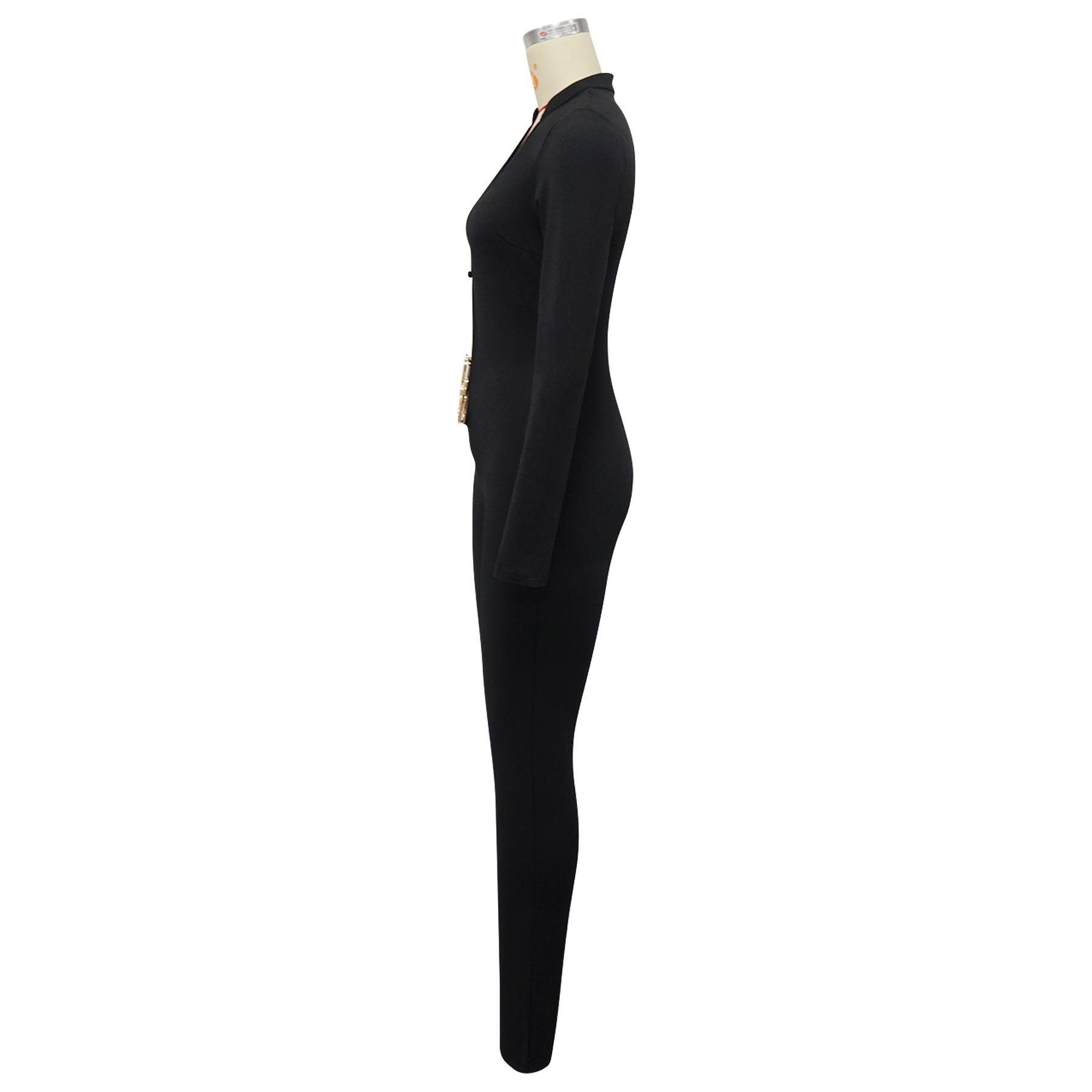 Sexy Deep V Long Sleeve Jumpsuit Solid Color Tight Fit_voghion.com