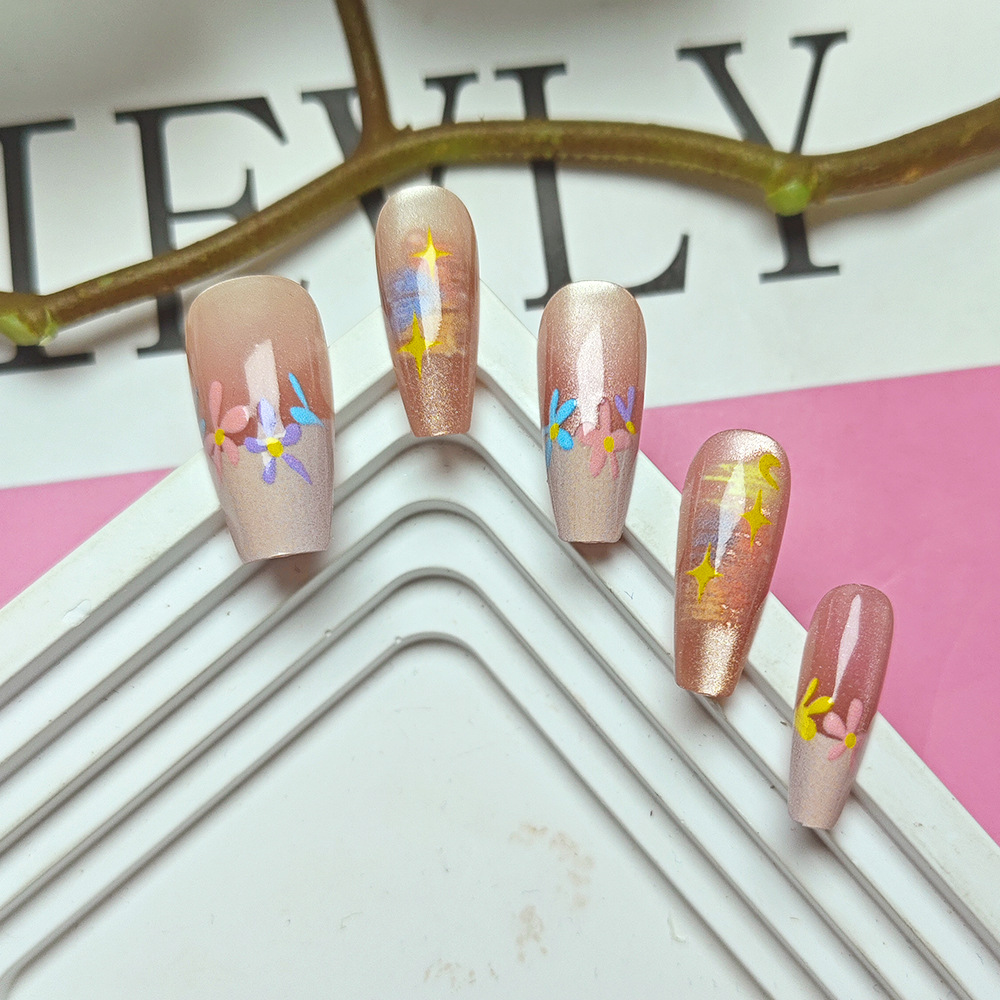 10 piezas de parche de uñas de ojo de gato en relieve 3D en flor, cielo estrellado, uñas lindas y artísticas, armadura de vestir hecha a mano