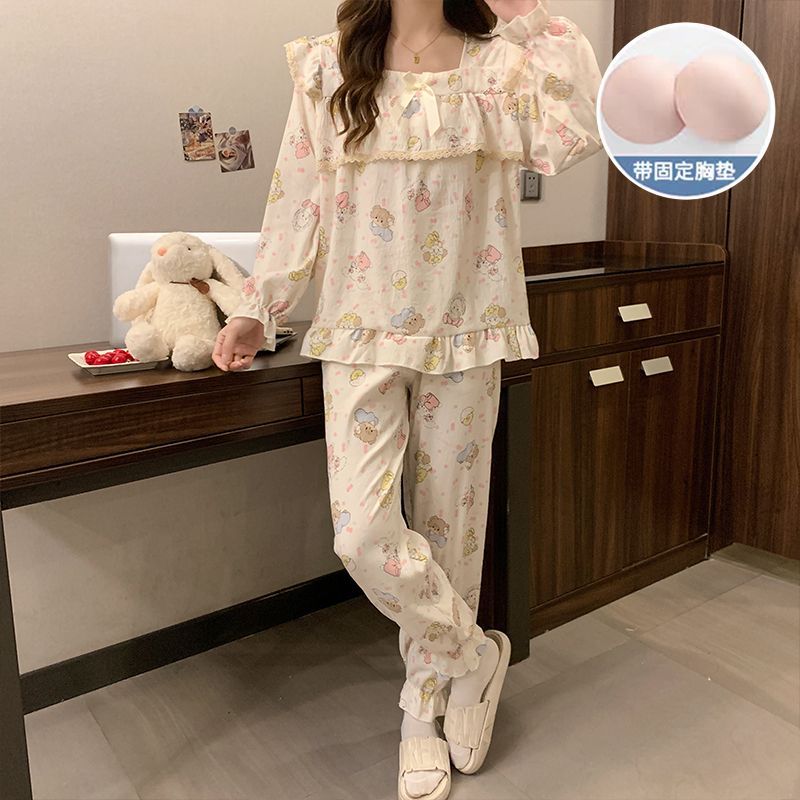 Al por mayor transfronterizo primavera y otoño nuevo pijama de mujer cinturón de pecho tejido nubes algodón manga larga dulce princesa ropa de estilo casero cubierta