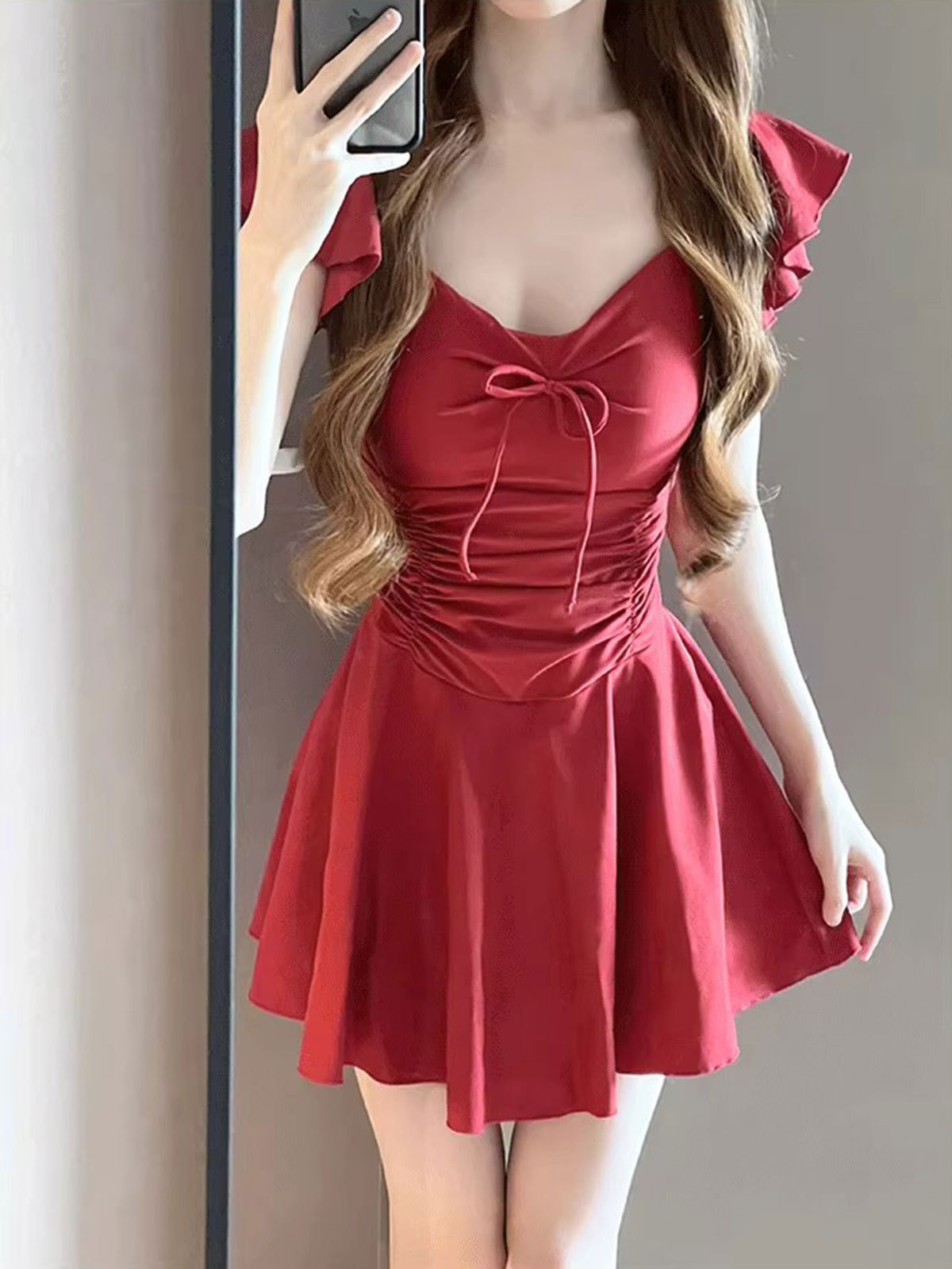 2025 nuevo traje de baño de aguas termales de una pieza para mujer, vestido delgado y conservador para cubrir el vientre, traje de baño de vacaciones rojo retro con pechos pequeños