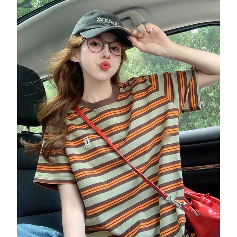 American Striped Short-sleeved T-shirt Men's and Women's New Summer Couples Trendy Loose Half-sleeved Top
