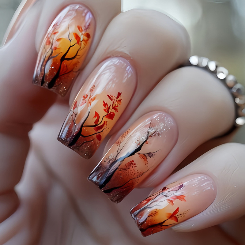 24 Chinese, reddish brown French gradient fake nails foreign trade nail patch trunk design wear nail Nail