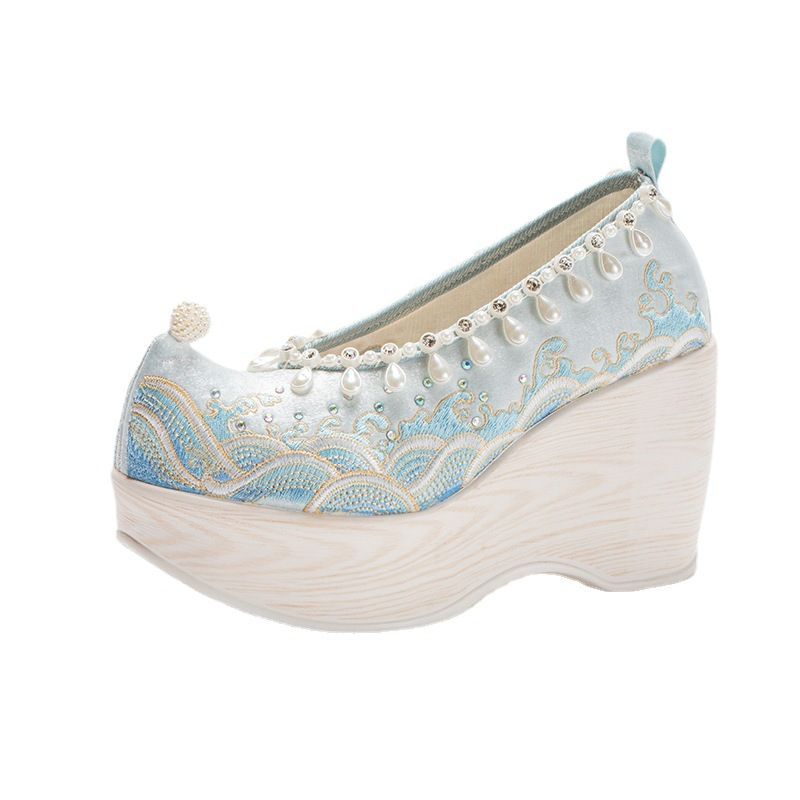 골동품 웨지 신발 한푸 골동품 플랫폼 신발 새로운 중국 자수 신발 10CM 도파민