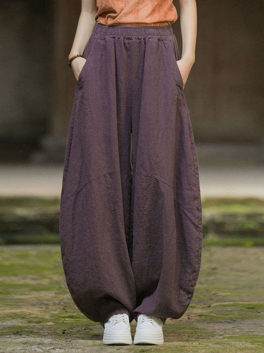 Демисезонные штаны, ретро-фонарик, Oversize, хлопок и лен