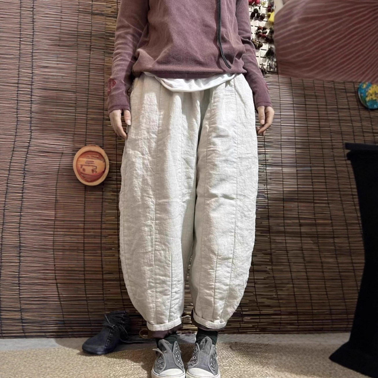 直播爆款宽松复古做旧松紧腰高端亚麻加棉哈伦裤百搭保暖棉裤女