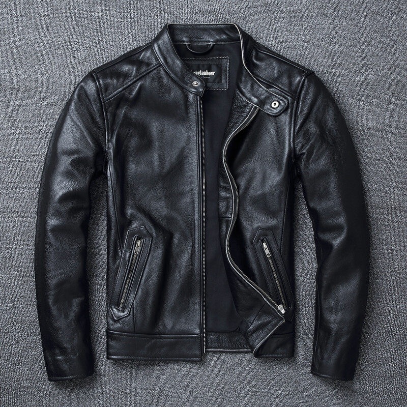 First-Layer Cowhide Leather Jacket, Slim Fit Stand-Up Collar Motorcycle Jacket, Genuine Leather Jacket for Men, Soft Cowhide, European and American Style, Large Size, Vintage First-Layer Cowhide Leather Jacket, Slim Fit Stand-Up Collar Motorcycle Jacket, Genuine Leather Jacket for Men, Soft Cowhide, European and American Style, Large Size, Vintage