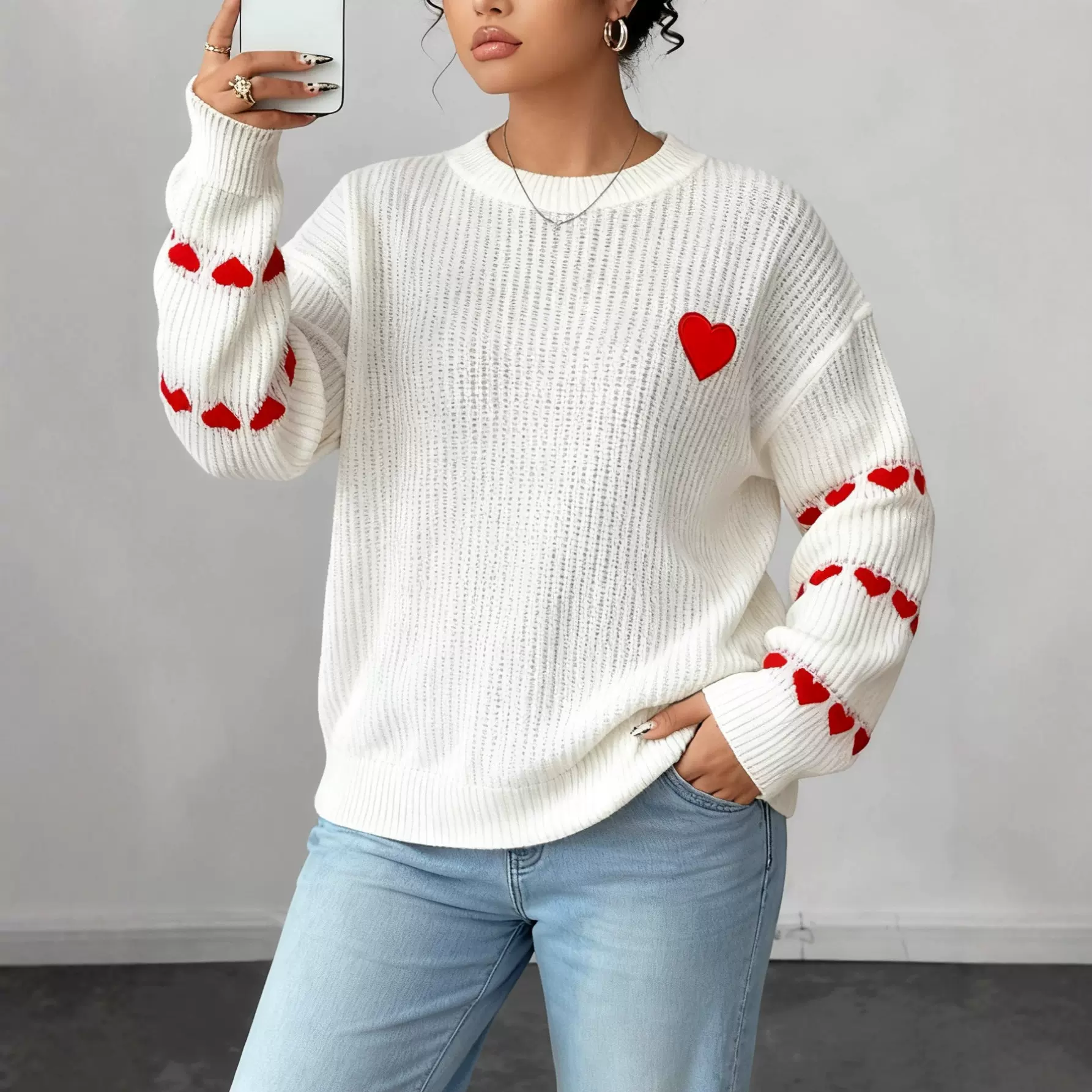 秋冬新款撞色爱心提花刺绣跨境欧美大码女装休闲套头毛衣F13135