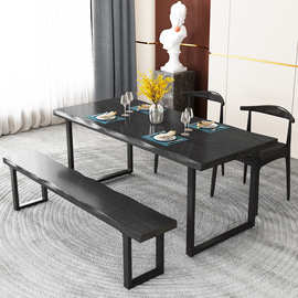 美式实木餐桌椅省空间长凳饭桌设计师极简餐桌椅组合黑色吃饭桌子