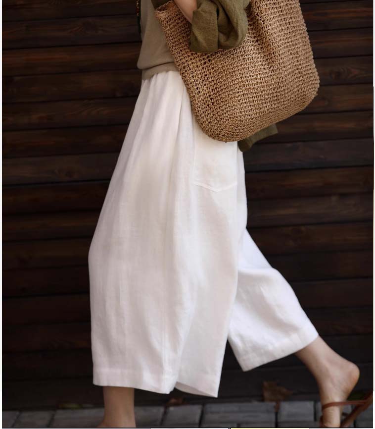 Quần culottes ống rộng vải lanh mỏng mát mùa hè nữ — Trắng sứ trơn, Xanh ngọc bích chi tiết 1