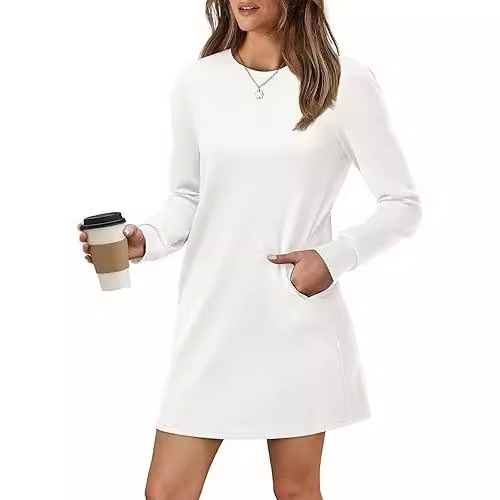 2025 ヨーロッパとアメリカの貿易クロスボーダー婦人服アマゾン爆発ラウンドネックバックプリーツポケット長袖スウェットシャツドレス|undefined
