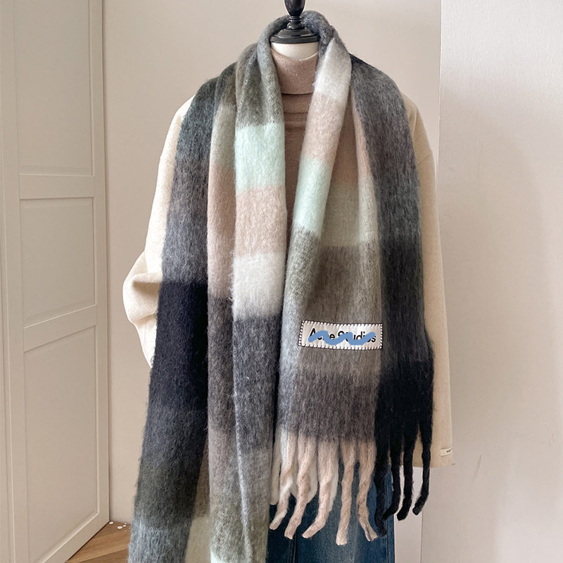 Swedish AC-style plaid scarf for women, winter color-blocked mohair couple's neck warmer with tassels, thickened and warm shawl for men