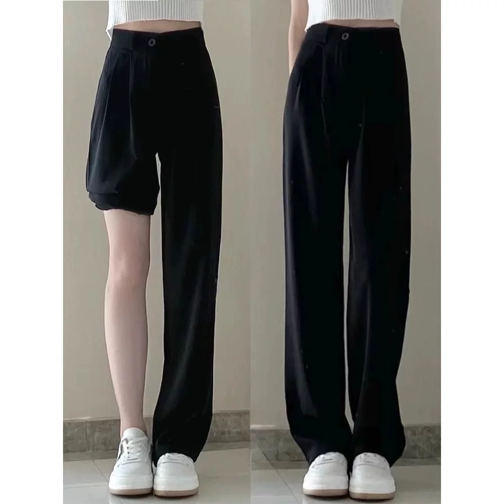 Черные повседневные прямые брюки для женщин, осень, большие размеры, с высокой талией, утягивающие, драпированные, грушевидной формы, широкие длинные брюки