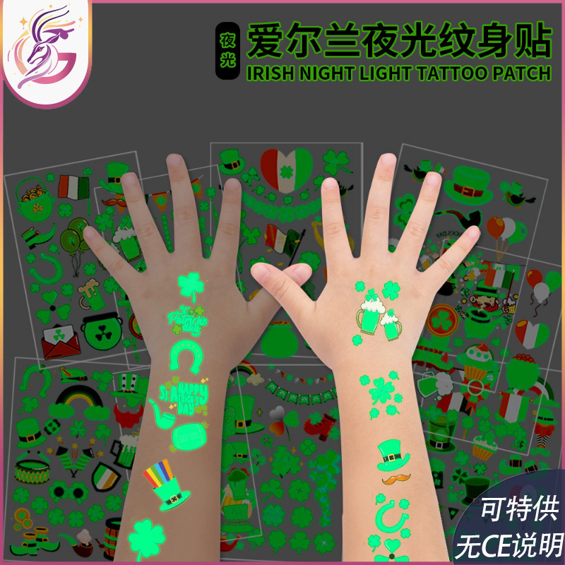 St Patrick tattoo stickers waterproof fluorescent green children's disposable temporary tattoo Irish luminous stickers