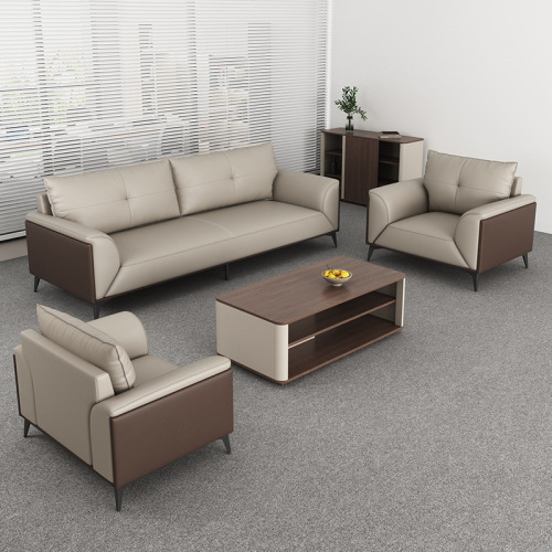 Office sofa cowhide three-seater coffee table set reception room hotel guest lounge area genuine leather office sofa