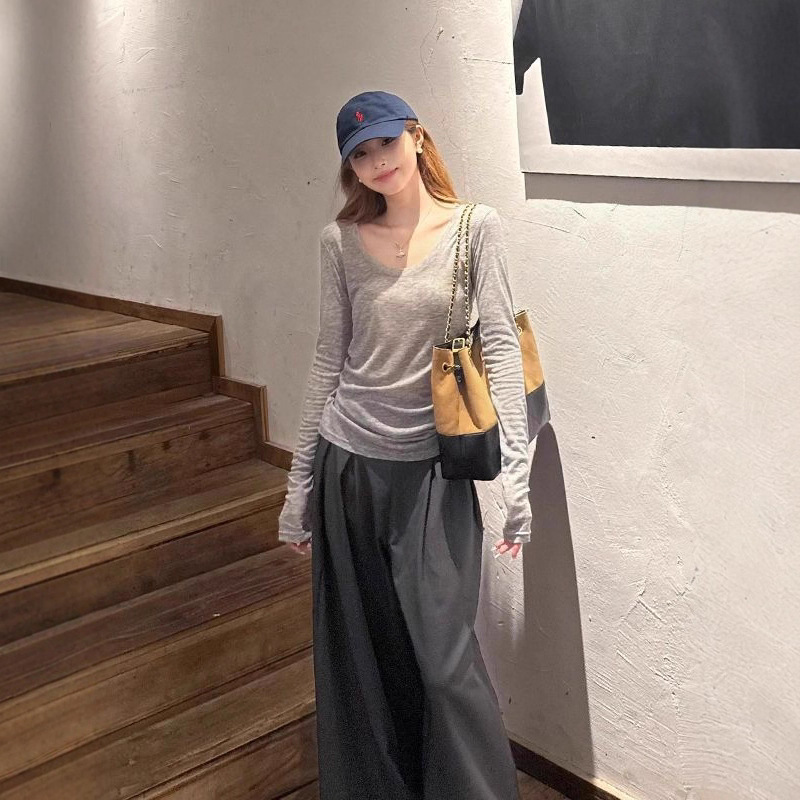 正肩U领薄款微透长袖T恤女春秋内搭短款打底衫辣妹修身显瘦上衣服|undefined