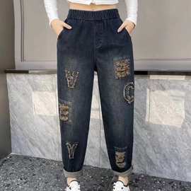 实拍  大码文艺复古破洞弹力牛仔裤秋季新款宽松显瘦哈伦裤老爹