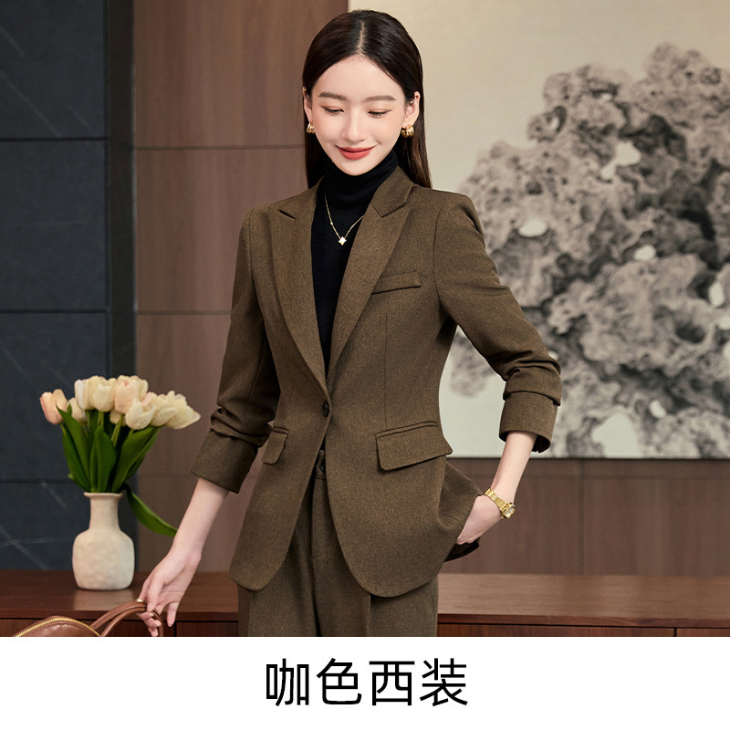 高端咖色毛呢职业西服套装女秋冬2025新款气质通勤正装马甲西服三|undefined