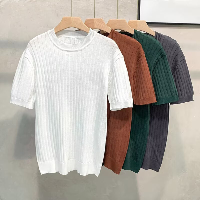 Summer thin knitted elastic trend sweater with a round collar