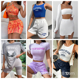 Shein Foreign Trade Women's Suit Amazon Clearance Casual Top Shorts Skirt Two-Piece Set Miscellaneous Wholesale