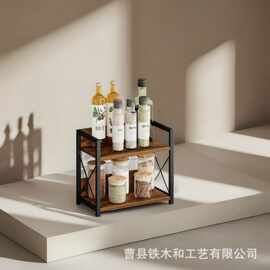 多层铁木结合收纳架厨房台面调味料收纳架梳妆台化妆品整理架
