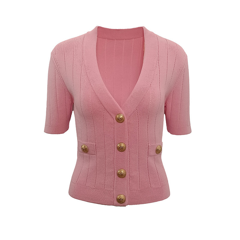 Chanel Style V-neck Metal Buckle Slim-fit Slimming Ice Silk Short-sleeved T-shirt Knitted Cardigan Short Top for Summer New Women