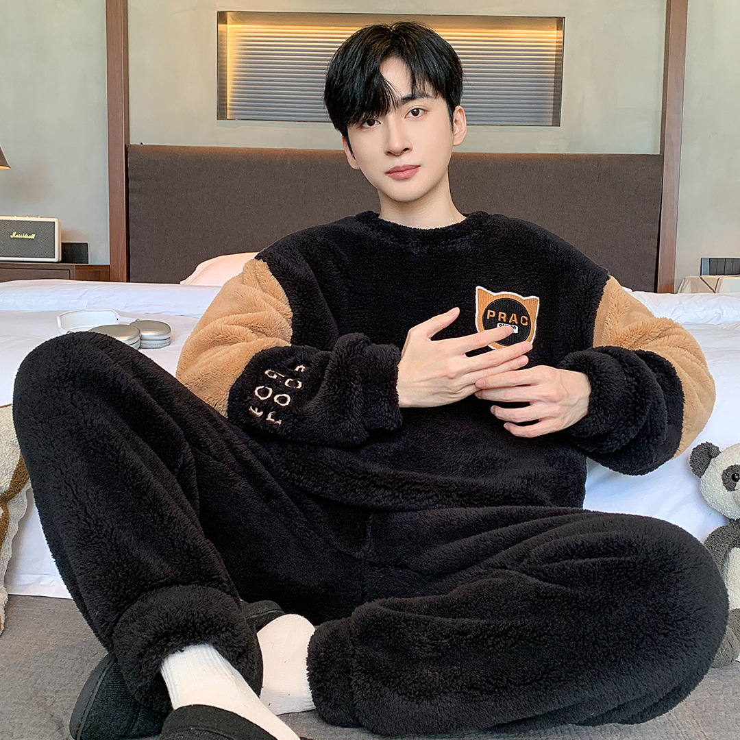 Pijamas de peluche de invierno para hombres guapo simple dibujos animados panda de peluche grueso ropa de casa de dos piezas
