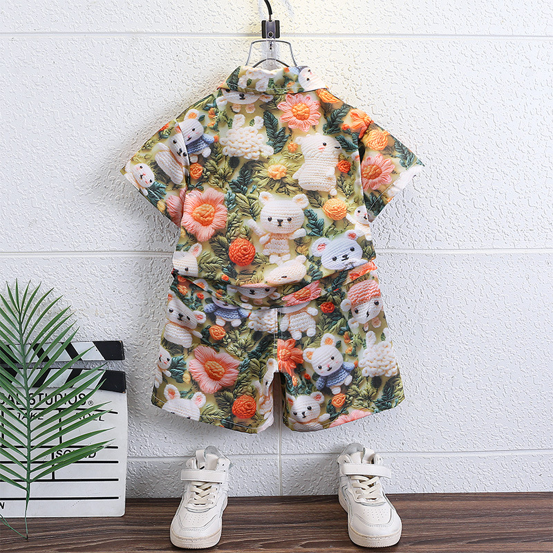 7210 Traje para niños Camisa de flores de manga corta para niños de verano Traje de dos piezas guapo y de moda 2025 nueva ropa para bebés