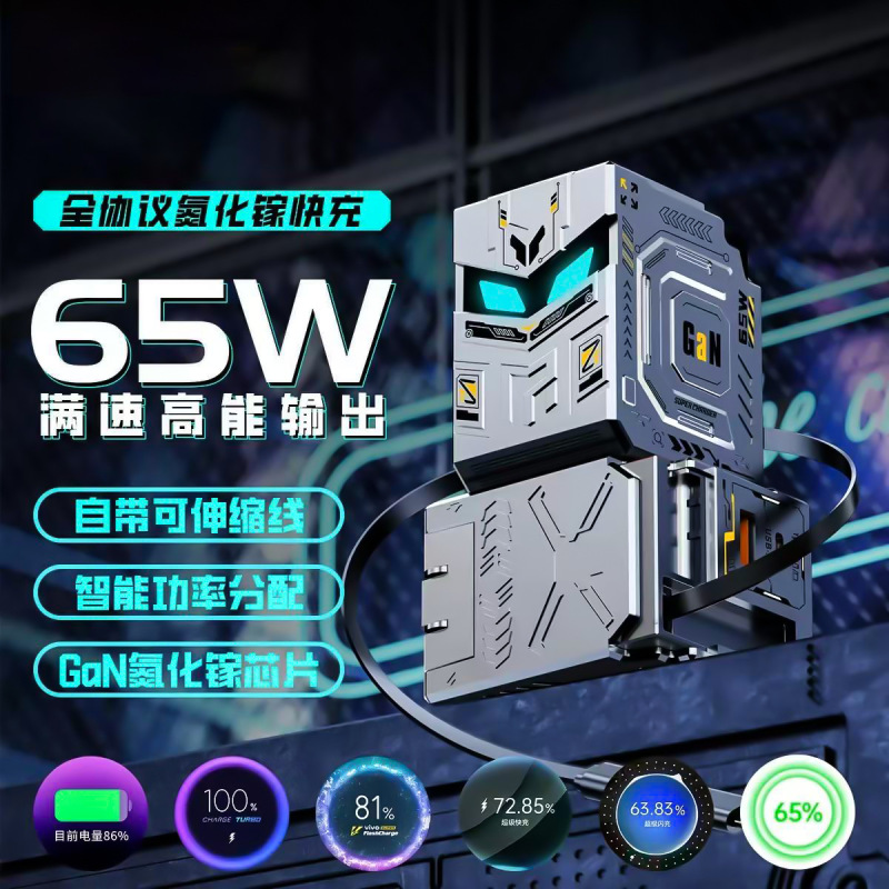 Cross-Border New Model Charger 65W Private Model Retractable Charging Head with Light Gallium Nitride Full Protocol Fast Charging Charger
