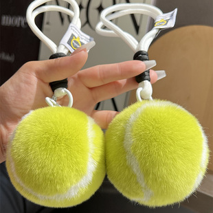 [Cute Little Tennis] Real Rex Rabbit Hair Car Keychain Pendant Plush Baseball School Bag Pendant Gift
