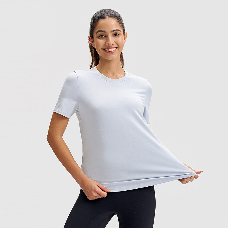 Camiseta de yoga casual lulu para mujer de manga corta deportiva clásica simple Lycra camiseta de cuello redondo de secado rápido transpirable de alta elasticidad