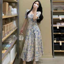 茶歇法式连衣裙夏季方领 正肩短袖收腰显瘦甜美仙女油画碎花长裙