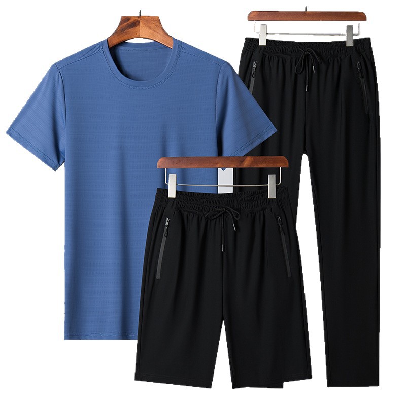 Trajes deportivos transfronterizos de color sólido para hombres verano nuevo gran tamaño de hielo pantalones cortos de secado rápido de tres piezas de comercio exterior pantalones rectos