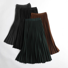 半身裙秋冬女中长款高腰显瘦百搭纯色毛呢百褶裙松紧腰气质A字裙