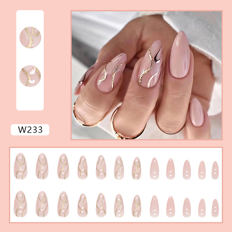 Conjunto unhas postiças amêndoa rosa com design dourado 24p_voghion.com