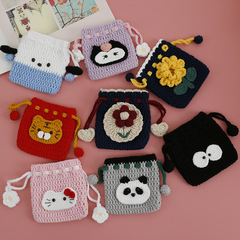 卡通手工編織束口袋 織女五股毛線鈎織抽繩零錢袋 可愛熊貓小包包