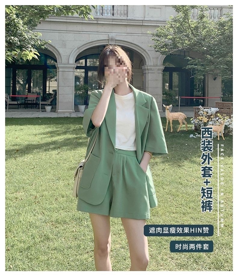 Bộ blazer nữ tay ngắn kèm quần short Hàn Quốc mỏng nhẹ mùa hè — Màu đen [Vải], Cỏ xanh [Vải], Gạo trắng [Vải], Màu hồng [Vải] chi tiết 3
