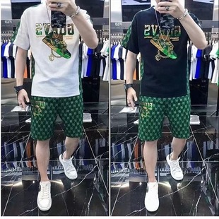Summer men's clothing fashion printed short sleeve shorts suit T-shirt trendy casual top sports set wholesale
