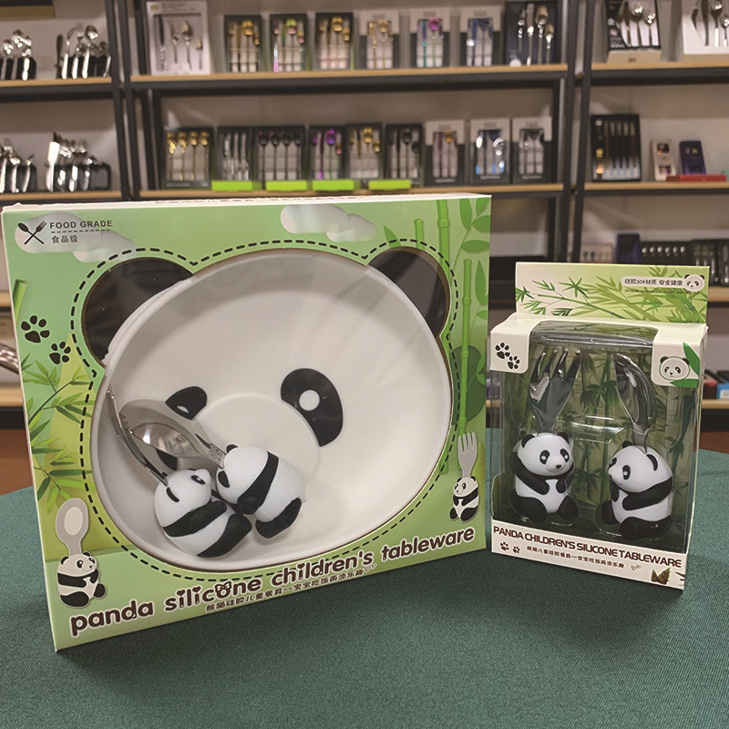 304 Stainless Steel Fork and Spoon Silicone Children's Dinner Plate Panda Baby Food Plate Toddler Eating Training Tableware Set