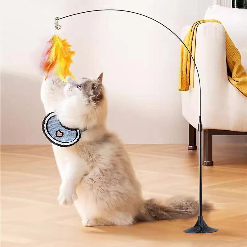 吸盤式猫面白いスティック猫のおもちゃ自己刺激ベース鋼線新しい耐久性のある羽交換ヘッド噛みつきにくい|undefined