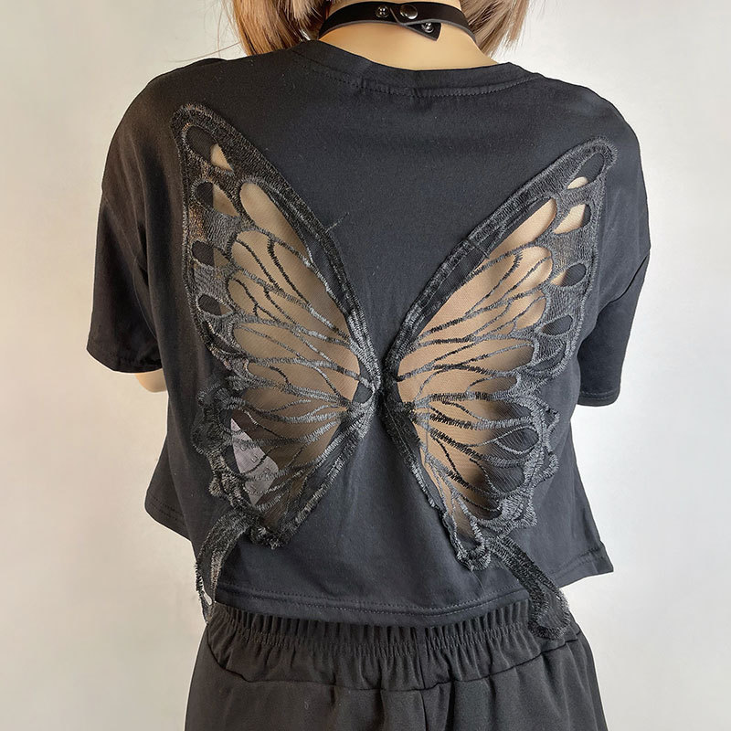 T-shirt corto in pizzo nero con farfalla da donna trendy_voghion.com
