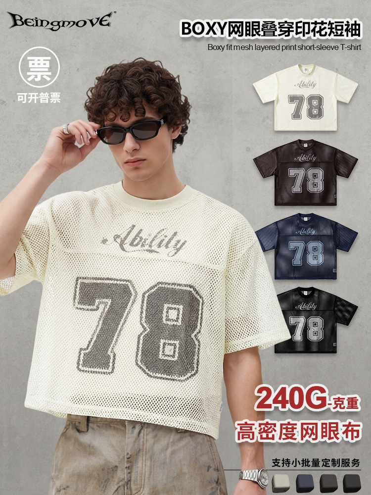 Calle secada| Verano americano marca de moda hombre Boxyfit malla plegable vestido de manga corta T-letter impresión camiseta de moda hombre