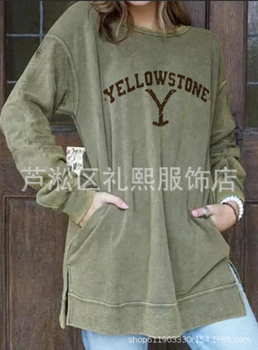 Ins2022 Autumn Casual European and American Pullover Printed Yellow Sweatshirt Women's Versatile Loose Casual Versatile Ins2022 Autumn Casual European and American Pullover Printed Yellow Sweatshirt Women's Versatile Loose Casual Versatile