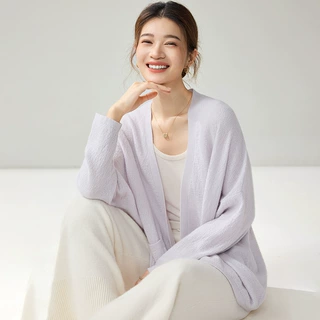 肌理纹山羊绒针织女开衫V领长袖带兜宽松慵懒风休闲百搭无扣外套