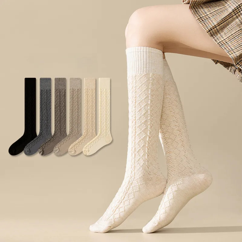 Women's Autumn Socks, Japanese Style Cable Knit Calf Socks, Solid Color Long Over-the-knee Socks, Versatile Korean Style JK Socks