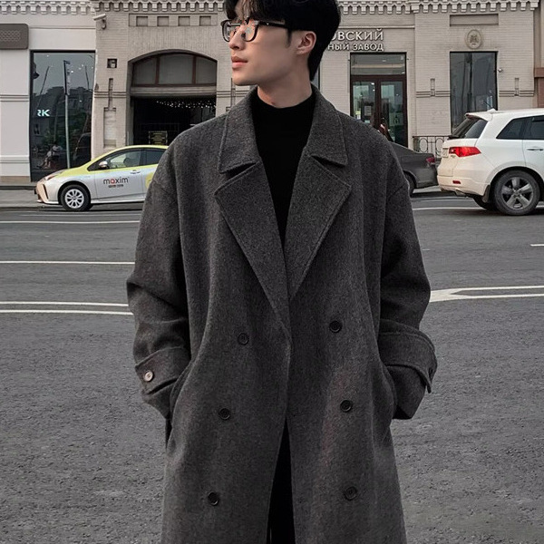 Heavyweight Long Double-Breasted Over-The-Knee Coat for Men, Winter High-End Korean Style Trendy Loose-Fitting Casual Fashion Coat