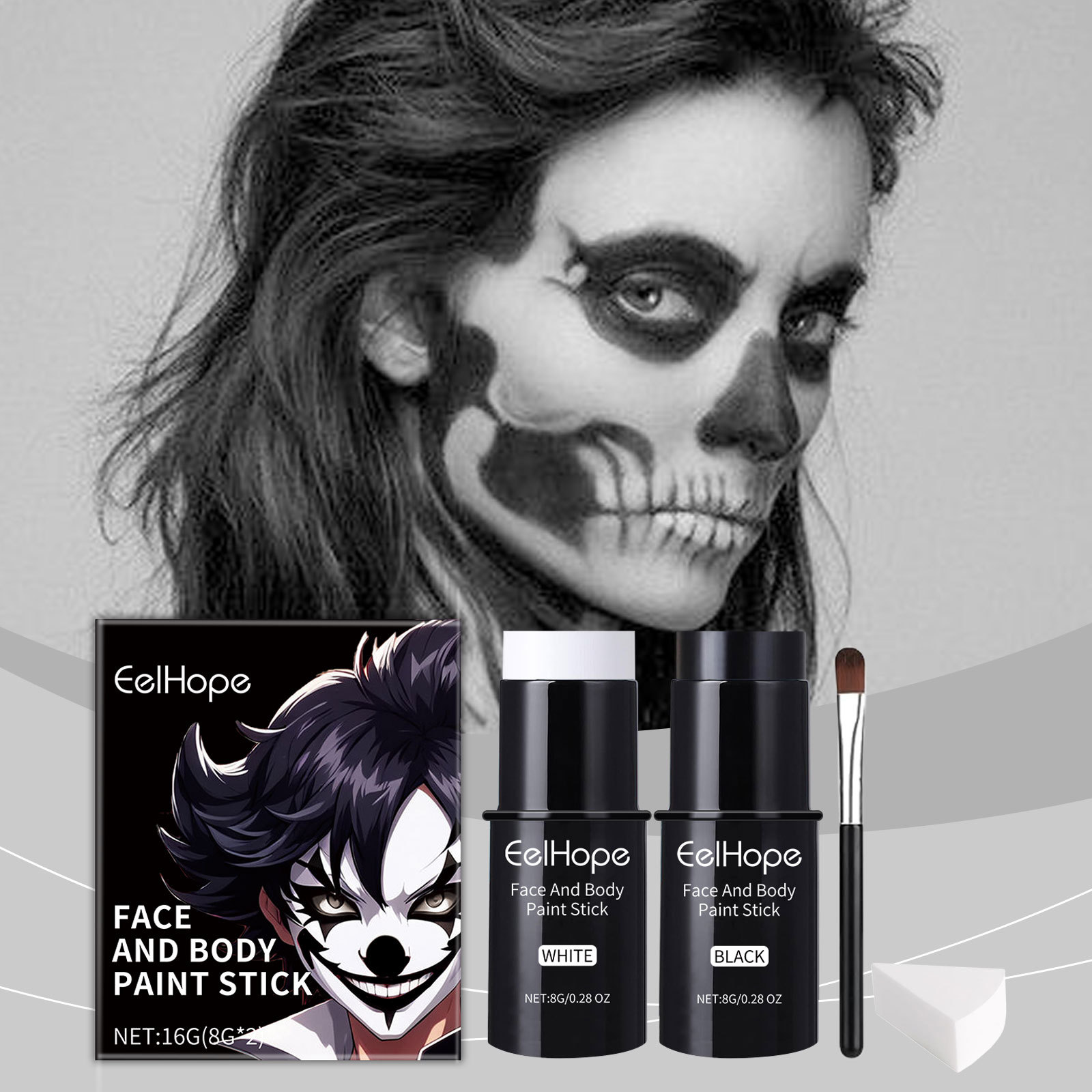 Black  White Face Paint Kit - Long-Lasting Waterproof Halloween Makeup Set