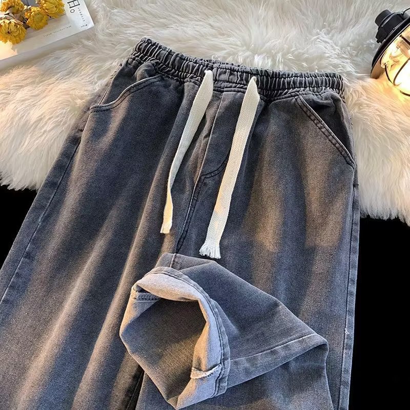 Loose Popular Work Pants for Construction Site Wide Leg Loose Waist Straight Drawstring Jeans Men's Wear-resistant Labor Protection Pants