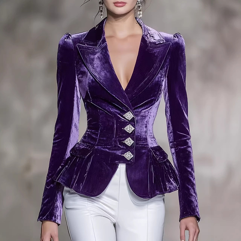 Cross-Border Retro Women's Blazer Suit 2025 Independent Station European and American New Slim Fit Split Velvet Blazer Top