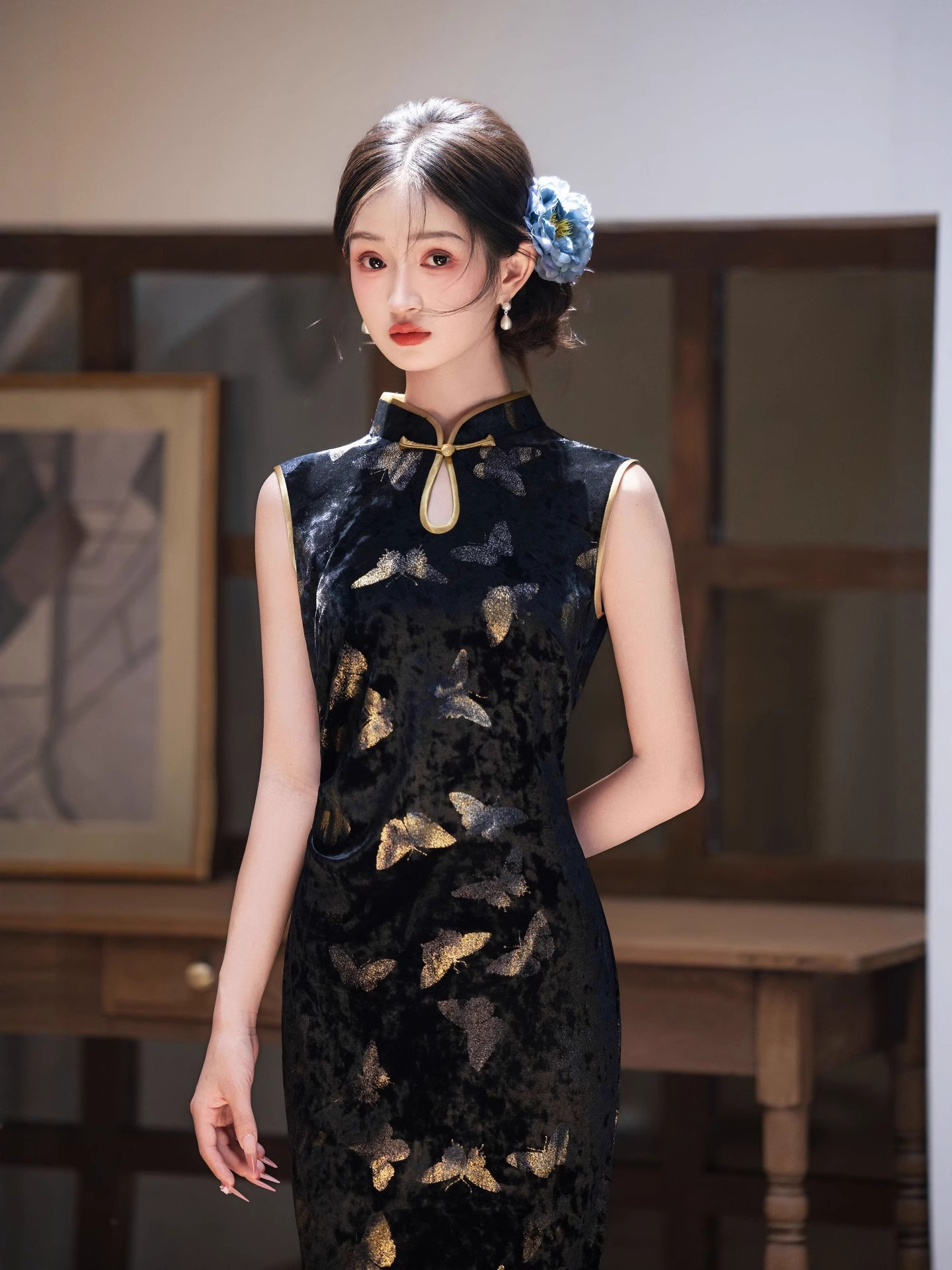 Black retro summer lightweight cheongsam sleevless