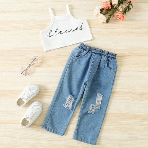 Girls summer suit trendy European and American girls fashion short letter halter vest ripped wide leg pants two piece set